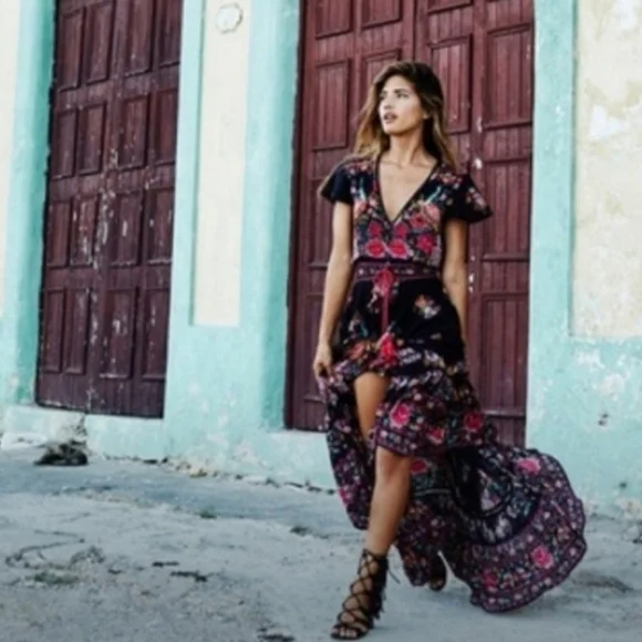 NWOT Floral Shirred Waist Tie Front Ruffle Hem Boho Sheer Dress Sz M - Picture 4 of 16